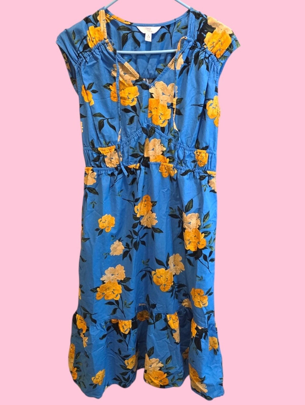 Blue Floral Midi Dress with Yellow Print